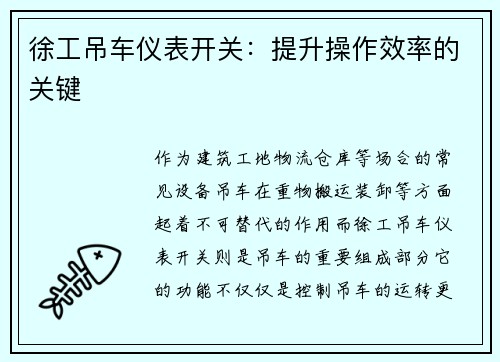 徐工吊车仪表开关：提升操作效率的关键